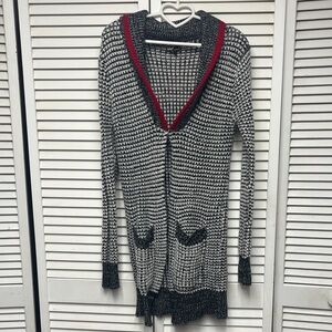 Textured Black & White V-Neck Cardigan with Red Trim